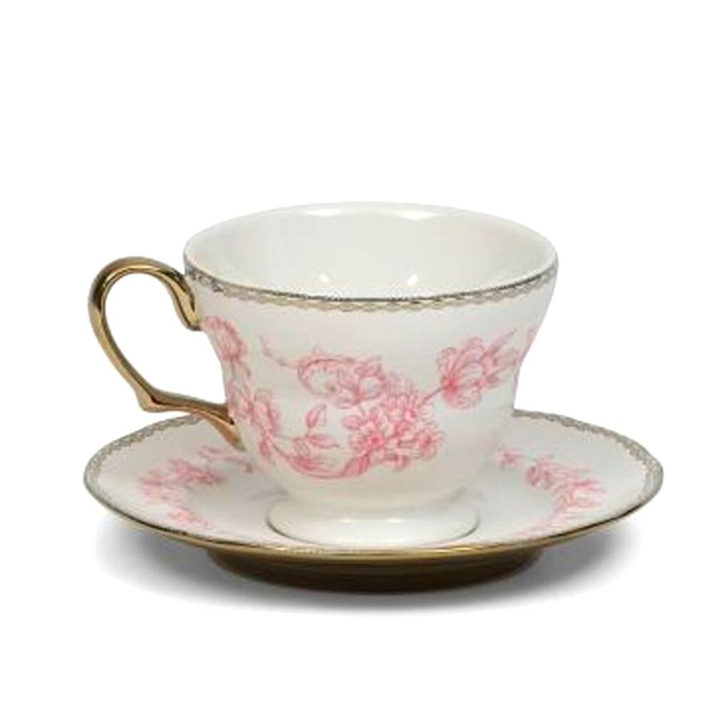 222 Fifth Pink Gold Floral Porcelain Teacup & Saucer Set Coquette Aesthetic NEW